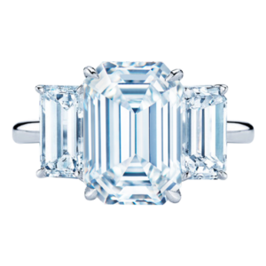 Engagement Ring with Three Emerald Cut Diamonds in Platinum, Style # F-11647E-0-DIA-PLAT